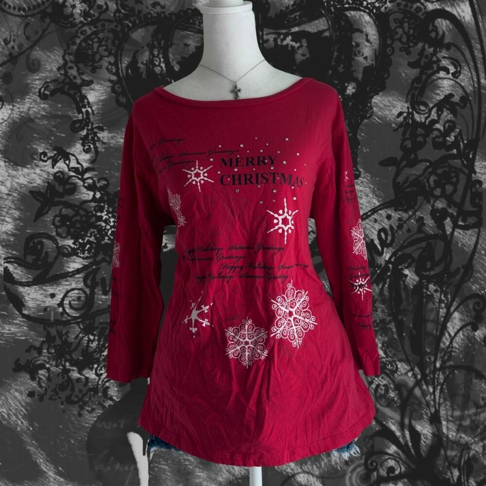 bedazzled red top with black christmas seasonal script snowflakes festive top